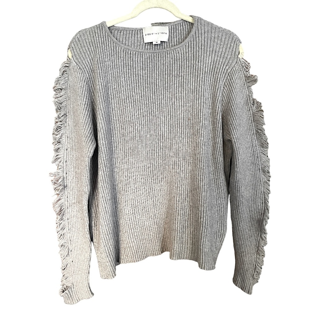Anthropologie Paper Crane Gray Crewneck Wool‎ Blend Sweater With Sleeve Stripe